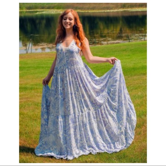 FREE PEOPLE BOHO FLOWY MAXI DRESS BOHEMIAN FLORAL SLEEVELESS V-NECK DRESS A2C - Picture 5 of 16